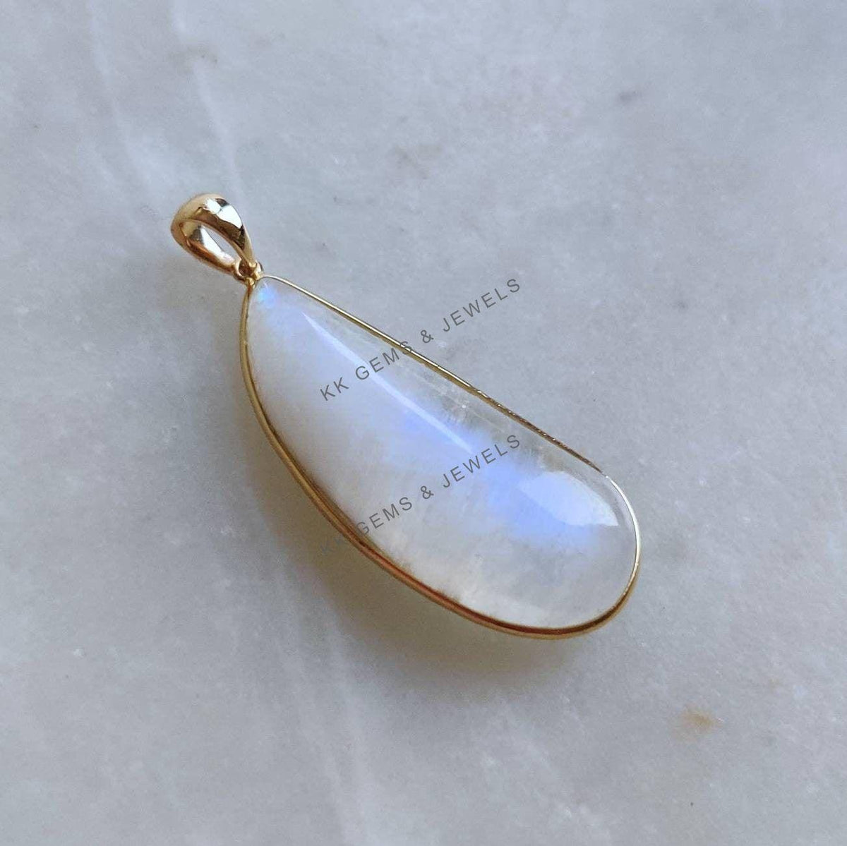 Natural Rainbow Moonstone Pendant, 14K Solid Yellow Gold, June Birthstone
