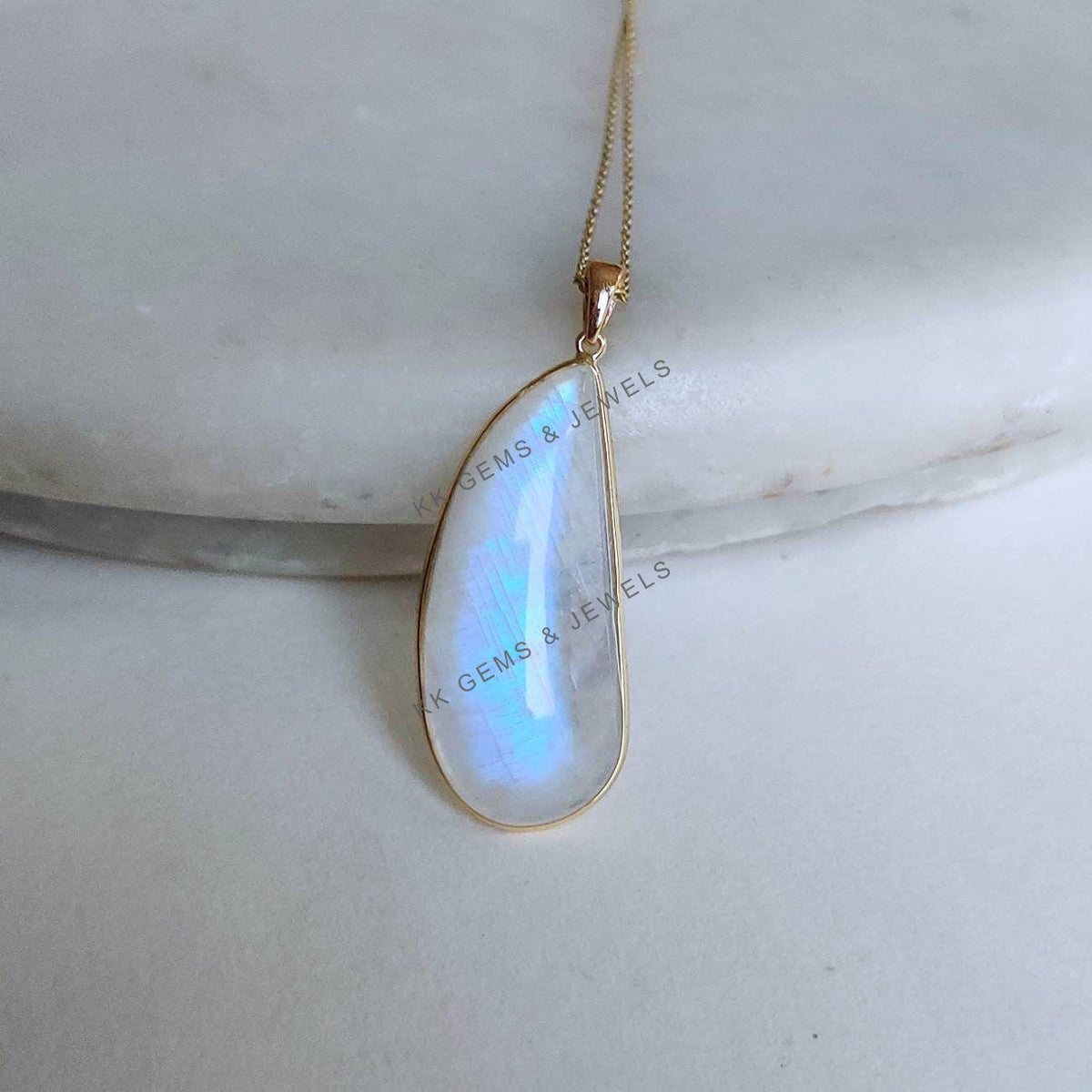 Natural Rainbow Moonstone Pendant, 14K Solid Yellow Gold, June Birthstone