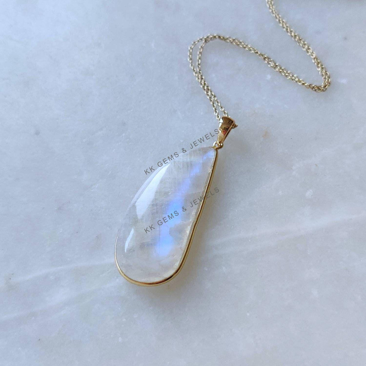 Natural Rainbow Moonstone Pendant, 14K Solid Yellow Gold, June Birthstone