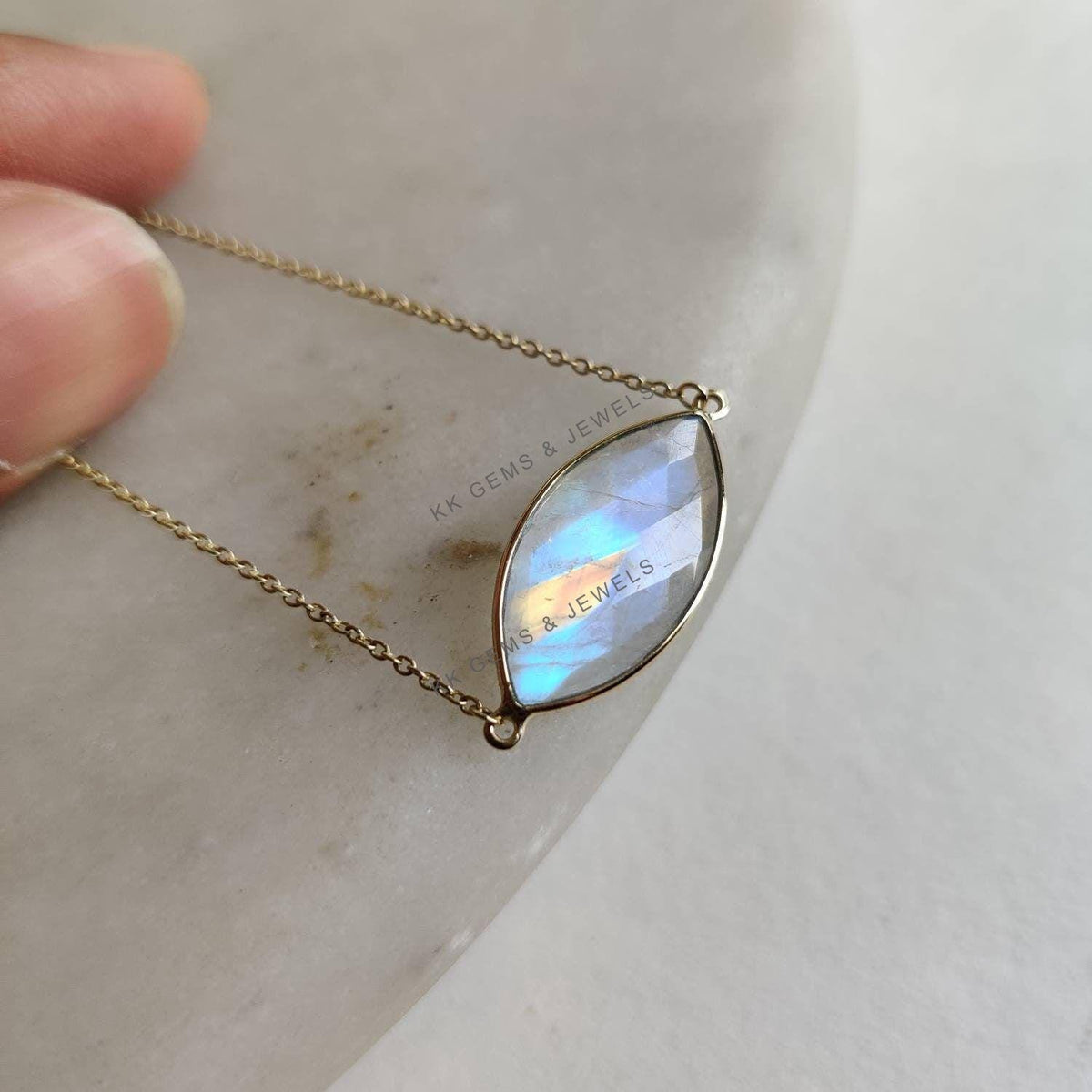 14K Solid Gold Natural Rainbow Moonstone Bracelet, Marquise Gemstone Chain Bracelet