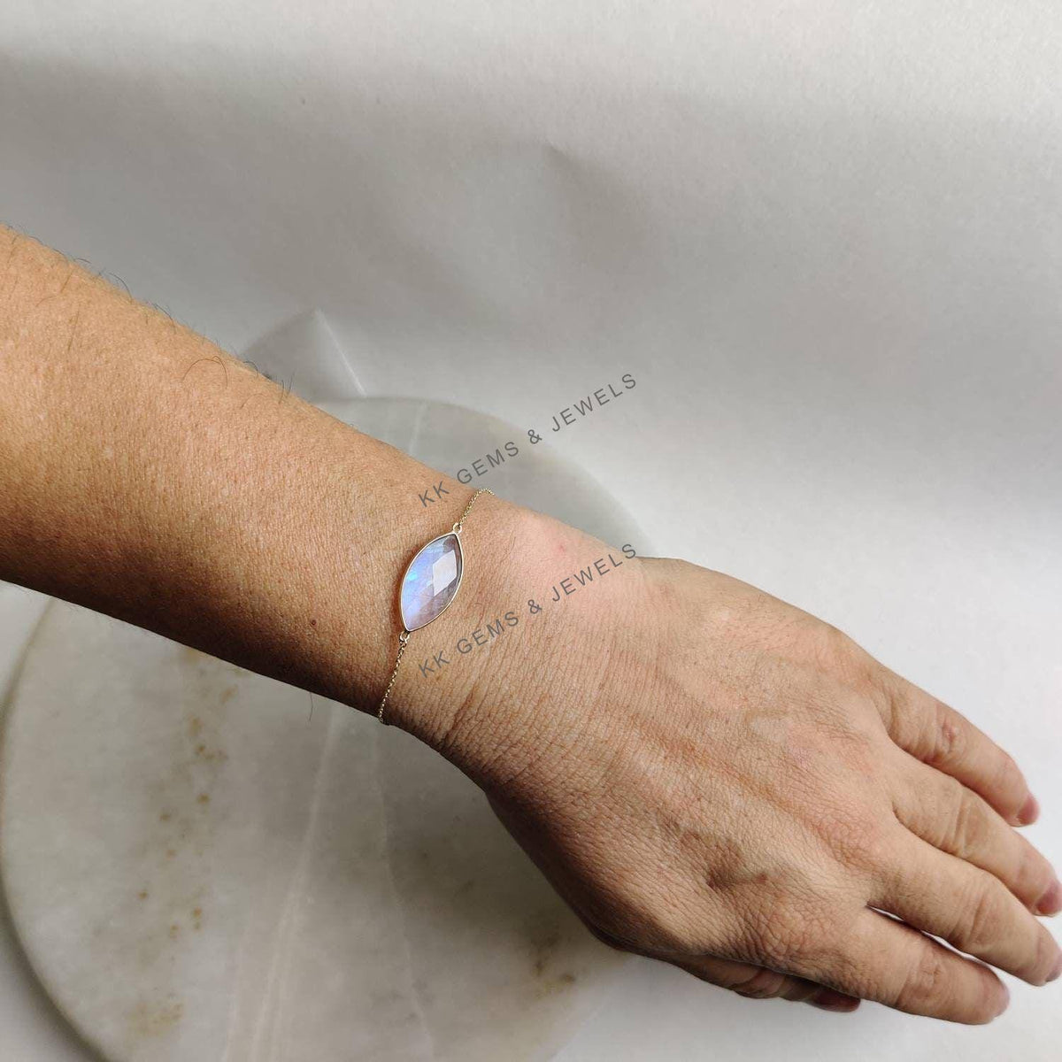 14K Solid Gold Natural Rainbow Moonstone Bracelet, Marquise Gemstone Chain Bracelet