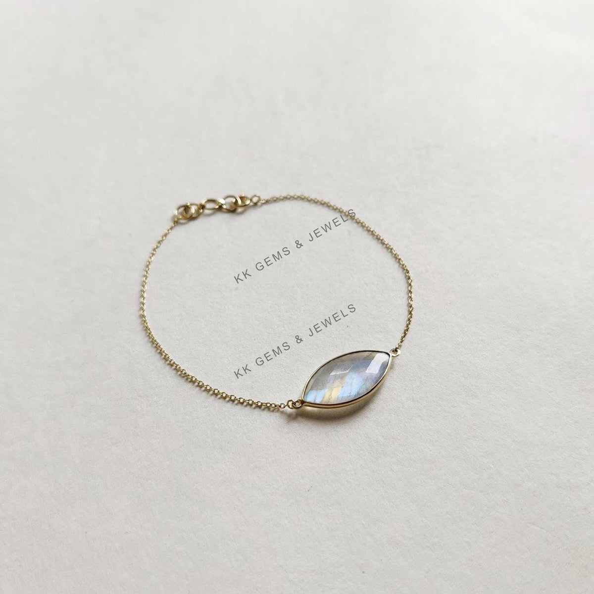 14K Solid Gold Natural Rainbow Moonstone Bracelet, Marquise Gemstone Chain Bracelet