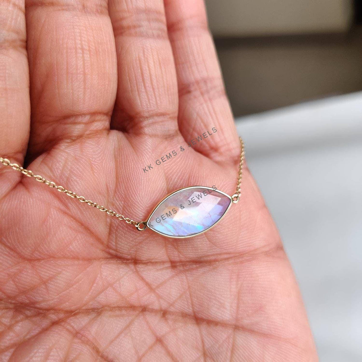14K Solid Gold Natural Rainbow Moonstone Bracelet, Marquise Gemstone Chain Bracelet