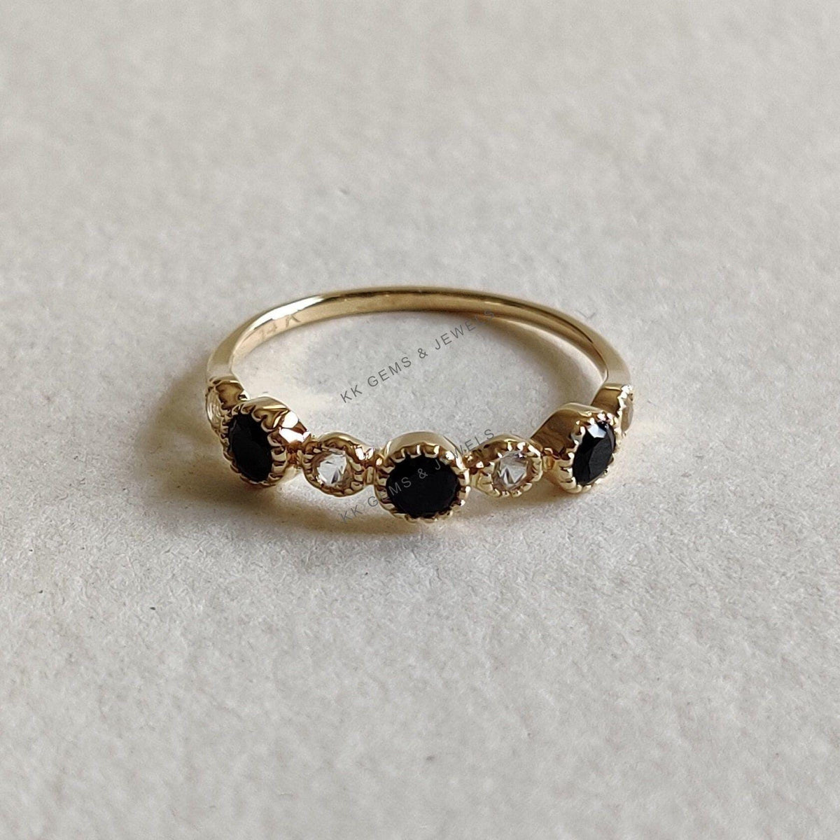 Natural Black Spinel & White Topaz Ring, 14K Solid Yellow Gold Dainty Stackable Ring