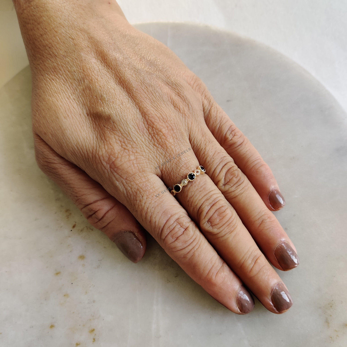 Natural Black Spinel & White Topaz Ring, 14K Solid Yellow Gold Dainty Stackable Ring