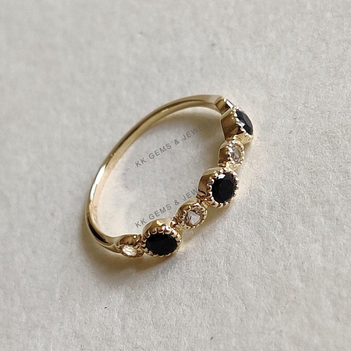 Natural Black Spinel & White Topaz Ring, 14K Solid Yellow Gold Dainty Stackable Ring