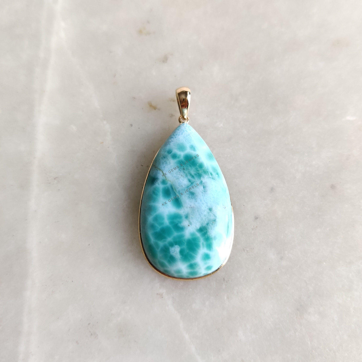 Natural Pear Larimar Bezel Pendant, 14K Solid Yellow Gold, March Birthstone