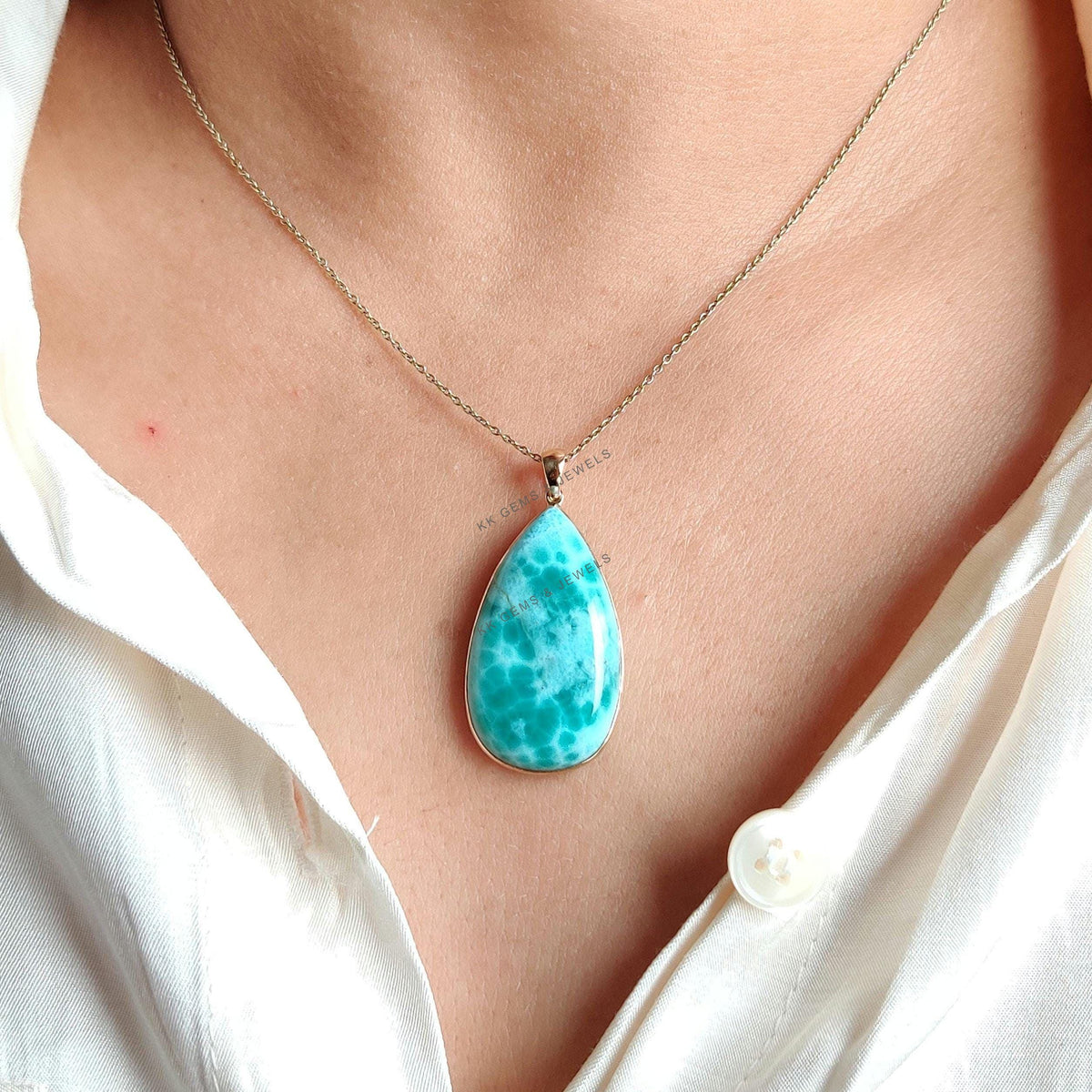 Natural Pear Larimar Bezel Pendant, 14K Solid Yellow Gold, March Birthstone