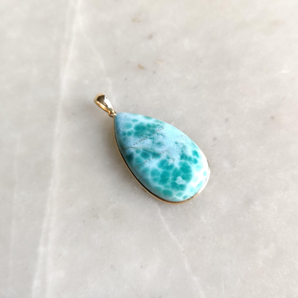 Natural Pear Larimar Bezel Pendant, 14K Solid Yellow Gold, March Birthstone