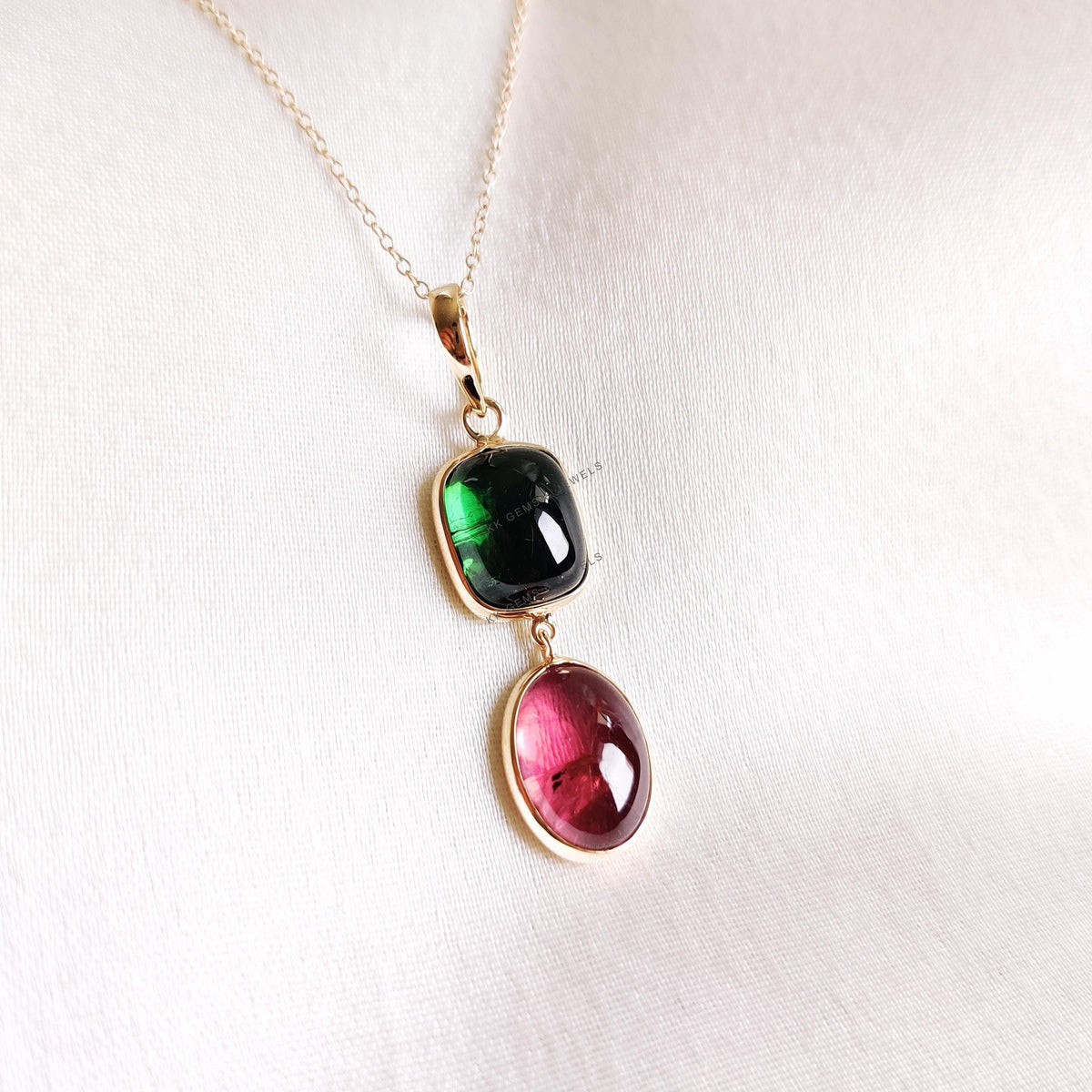 Natural Pink & Green Tourmaline Pendant, 14K Solid Yellow Gold Bezel Pendant, October Birthstone