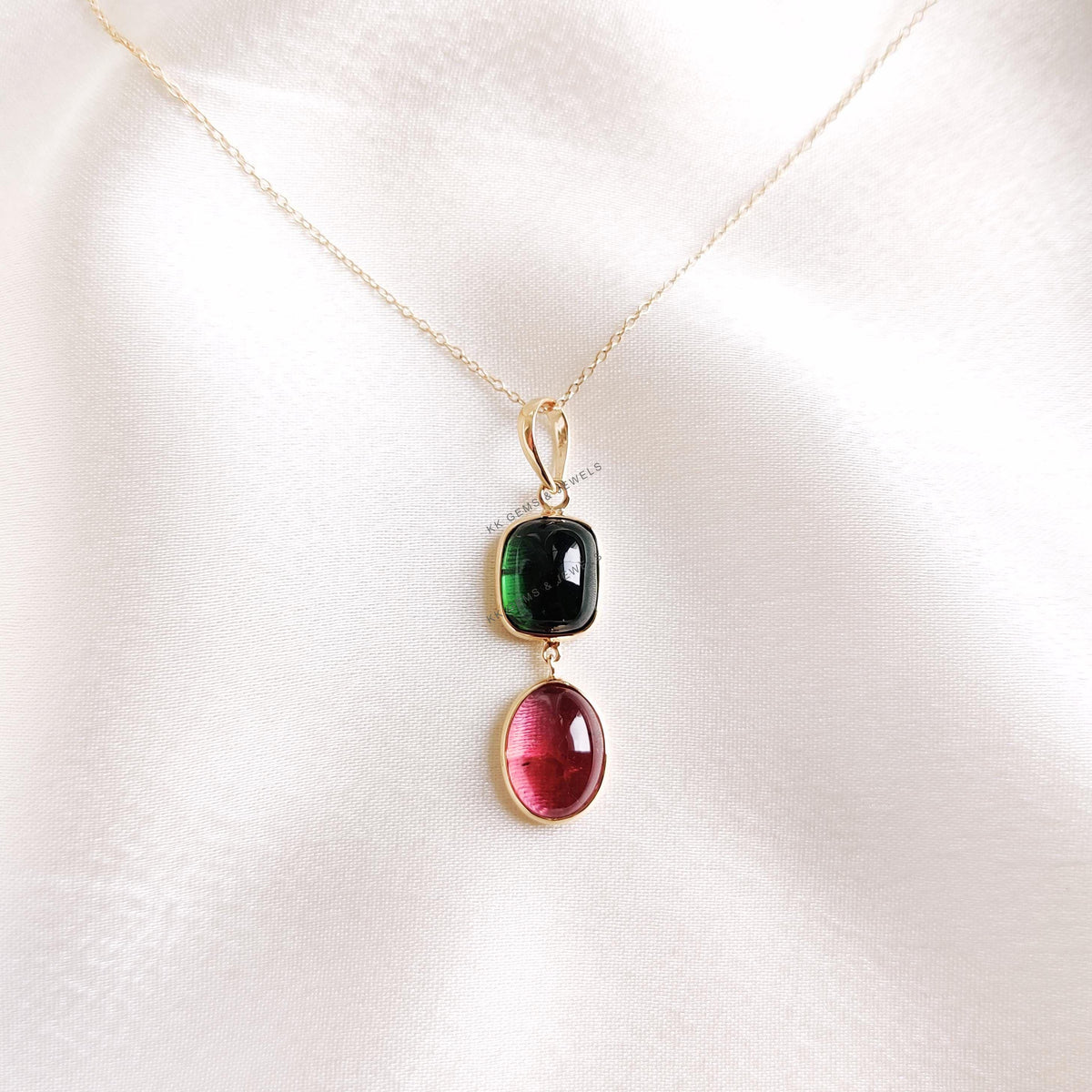 Natural Pink & Green Tourmaline Pendant, 14K Solid Yellow Gold Bezel Pendant, October Birthstone