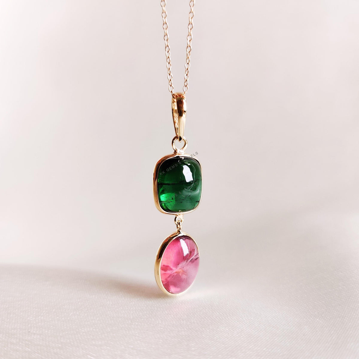 Natural Pink & Green Tourmaline Pendant, 14K Solid Yellow Gold Bezel Pendant, October Birthstone