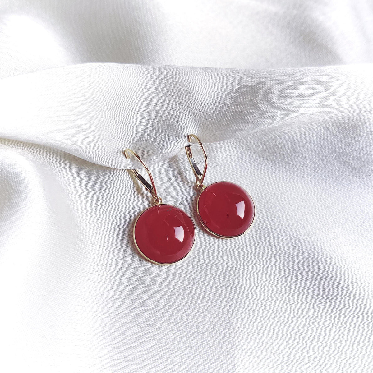 14K Solid Yellow Gold Natural Red Onyx Earrings, Round Cabochon Dangle
