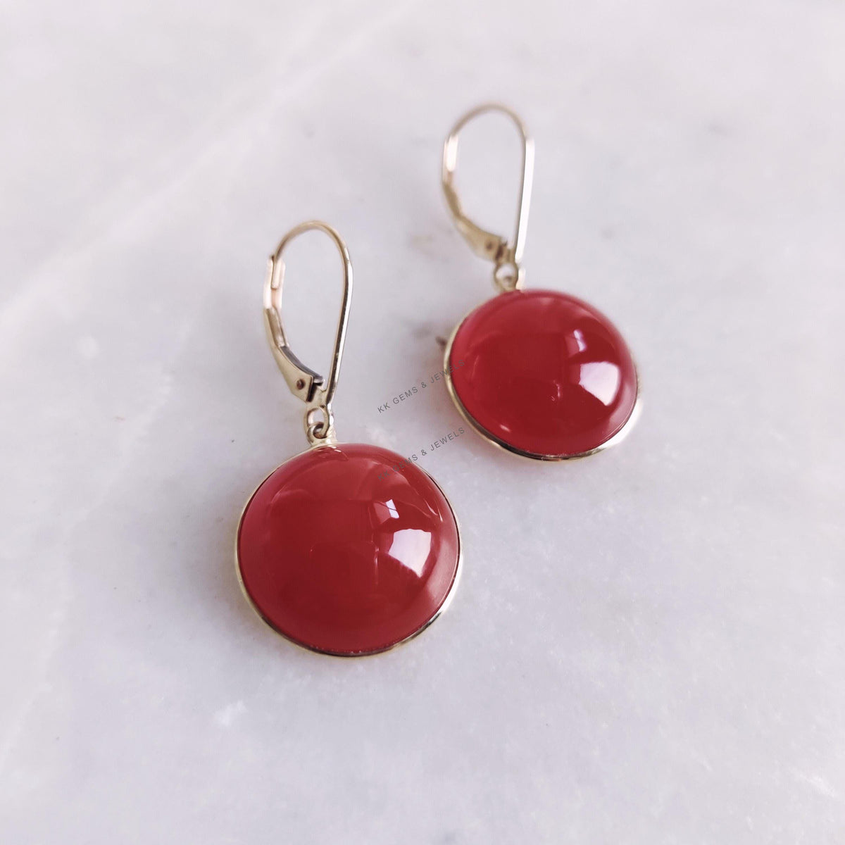 14K Solid Yellow Gold Natural Red Onyx Earrings, Round Cabochon Dangle
