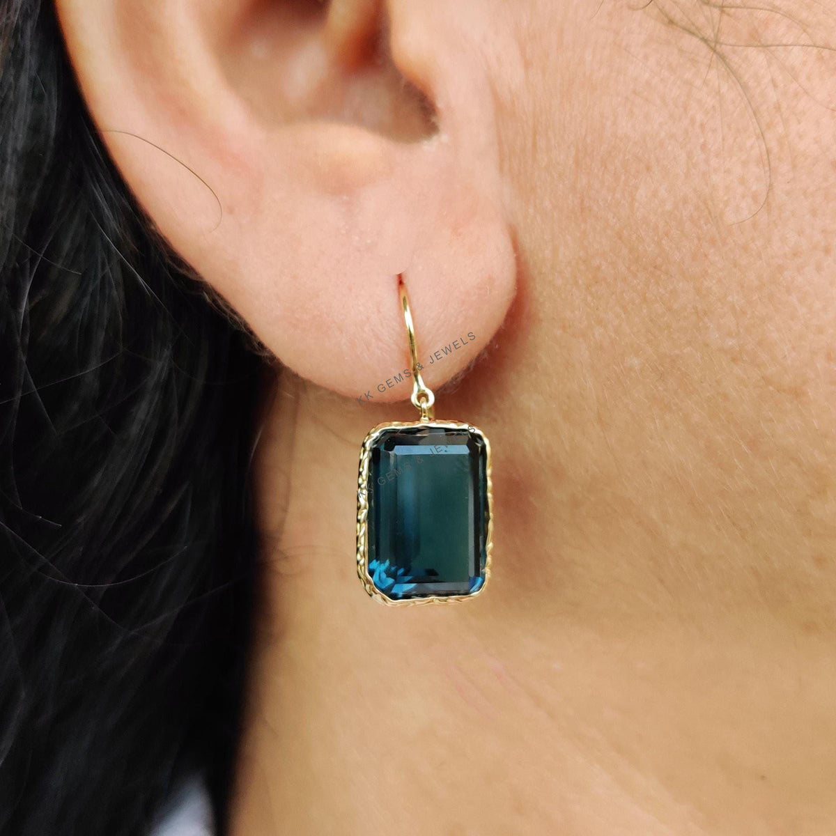 14k Solid Yellow Gold Natural London Blue Topaz Bezel Earrings, Octagon Gemstone