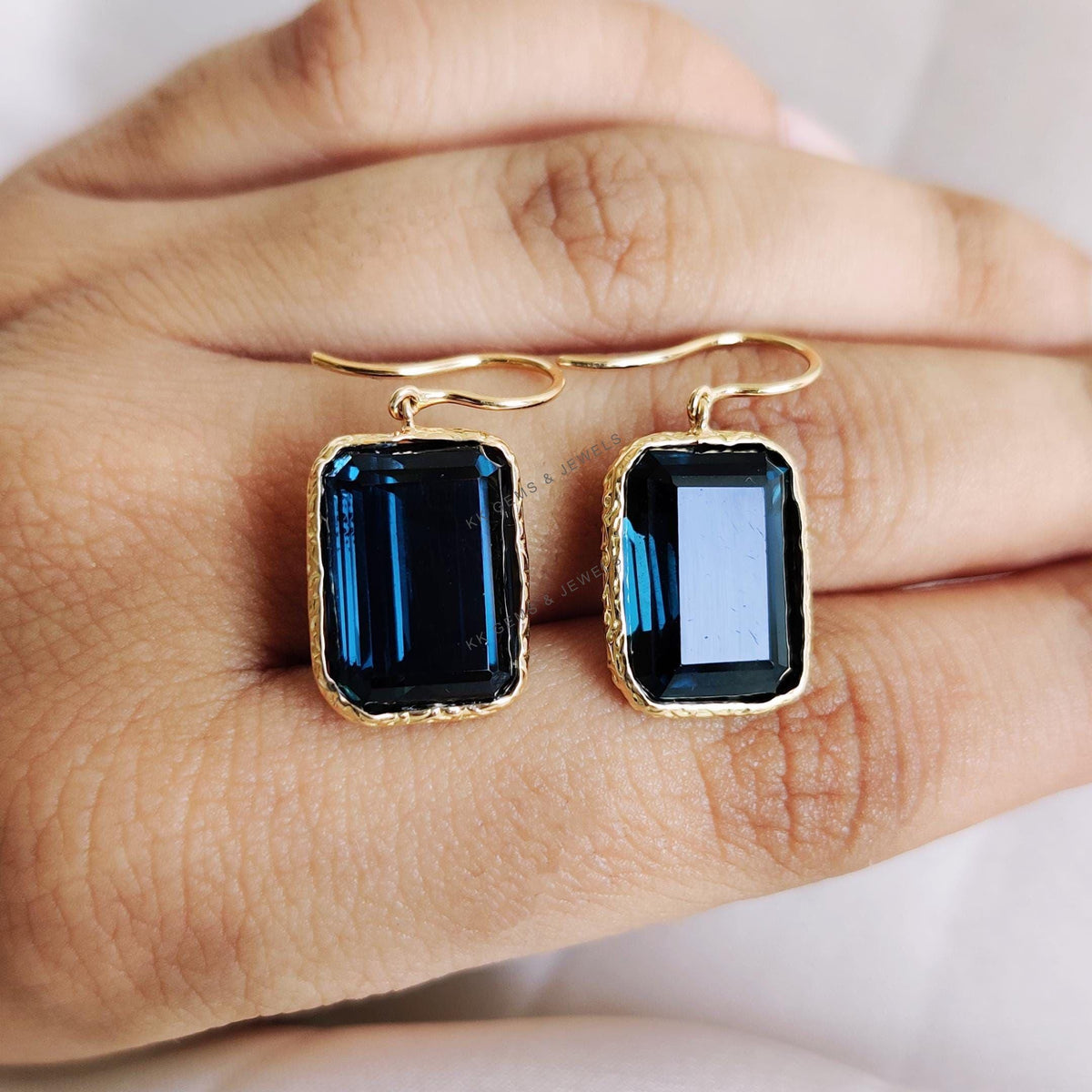 14k Solid Yellow Gold Natural London Blue Topaz Bezel Earrings, Octagon Gemstone