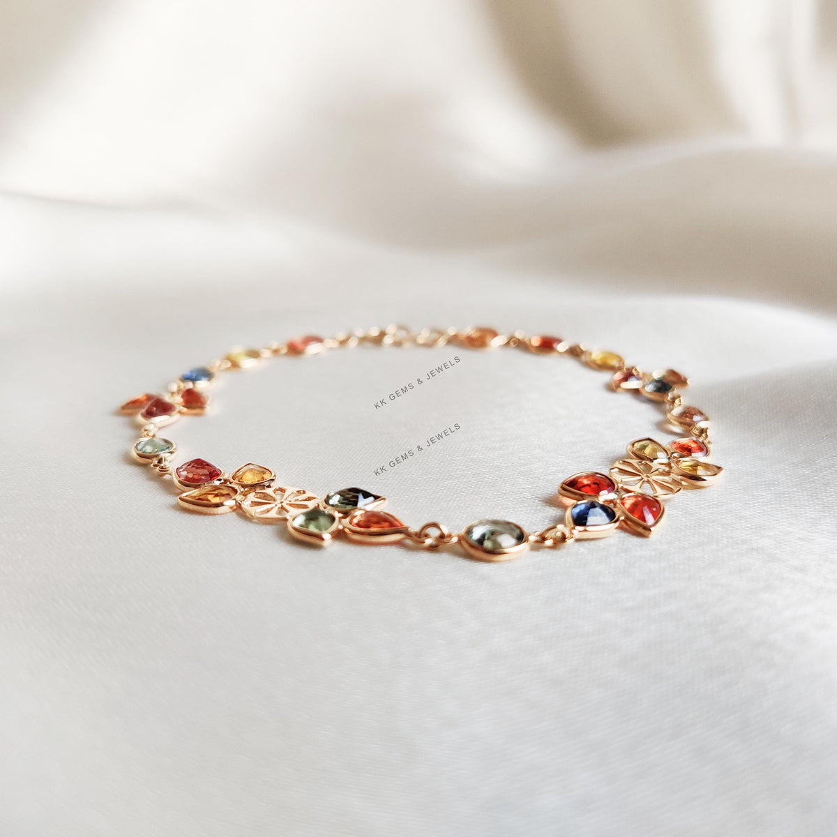 Natural Multi Sapphire 14K Solid Yellow Gold Bracelet, September Birthstone