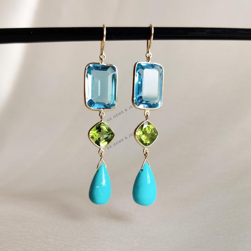 14K Solid Gold Natural Swiss Blue Topaz & Peridot and Turquoise Drop Earrings