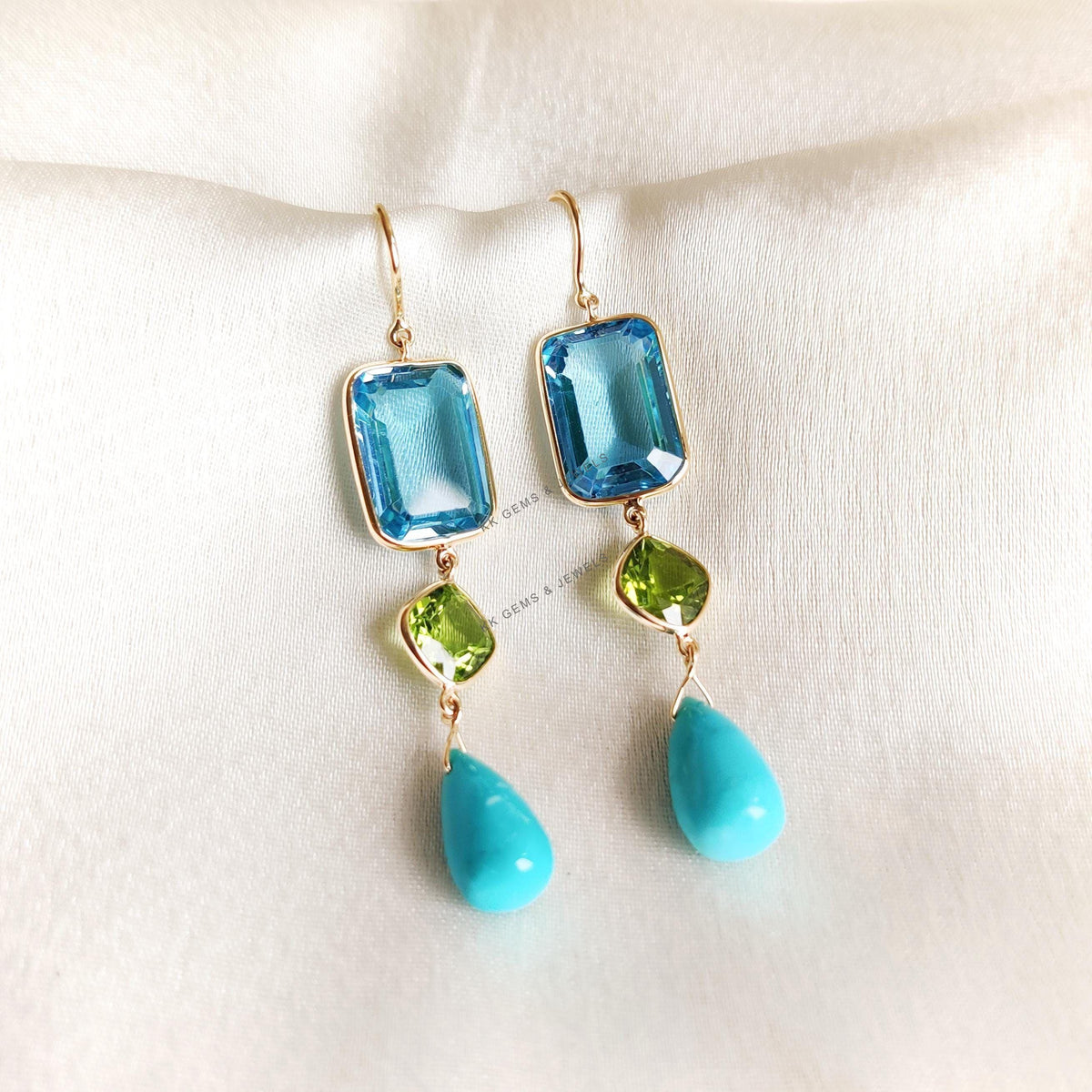 14K Solid Gold Natural Swiss Blue Topaz & Peridot and Turquoise Drop Earrings