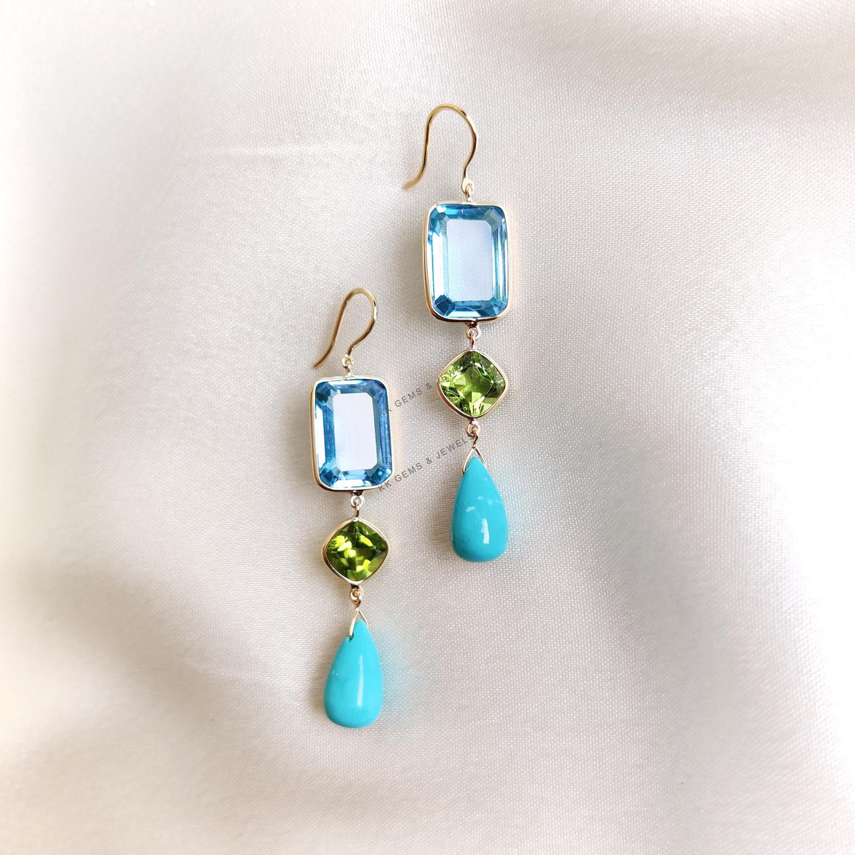 14K Solid Gold Natural Swiss Blue Topaz & Peridot and Turquoise Drop Earrings