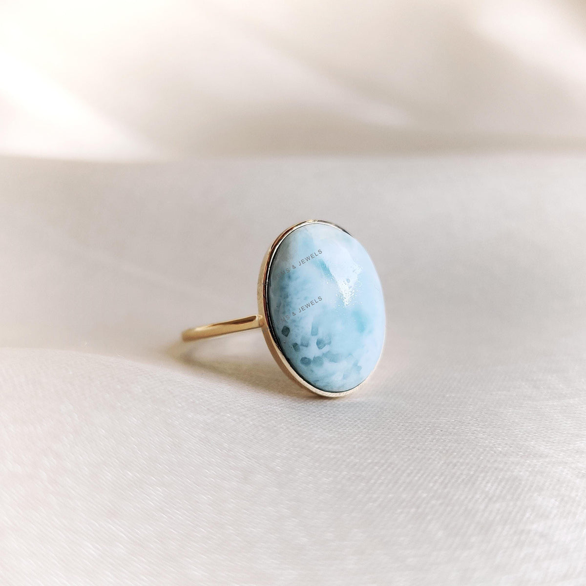 Natural Larimar Ring: 14K Solid Yellow Gold Bezel Ring, Oval Cabochon