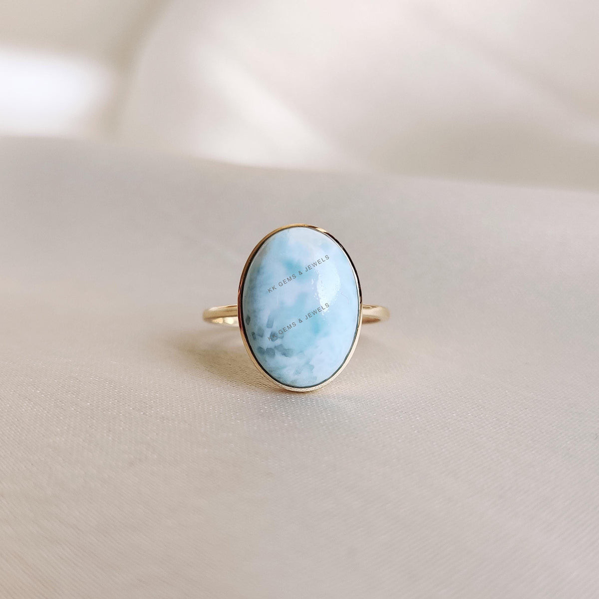 Natural Larimar Ring: 14K Solid Yellow Gold Bezel Ring, Oval Cabochon