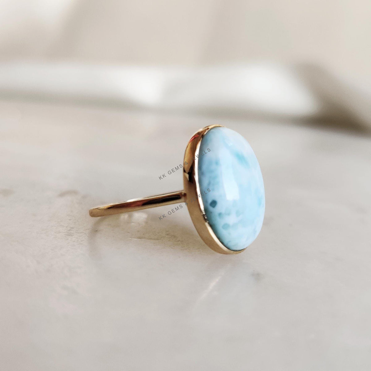 Natural Larimar Ring: 14K Solid Yellow Gold Bezel Ring, Oval Cabochon