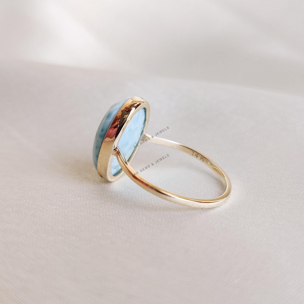 Natural Larimar Ring: 14K Solid Yellow Gold Bezel Ring, Oval Cabochon
