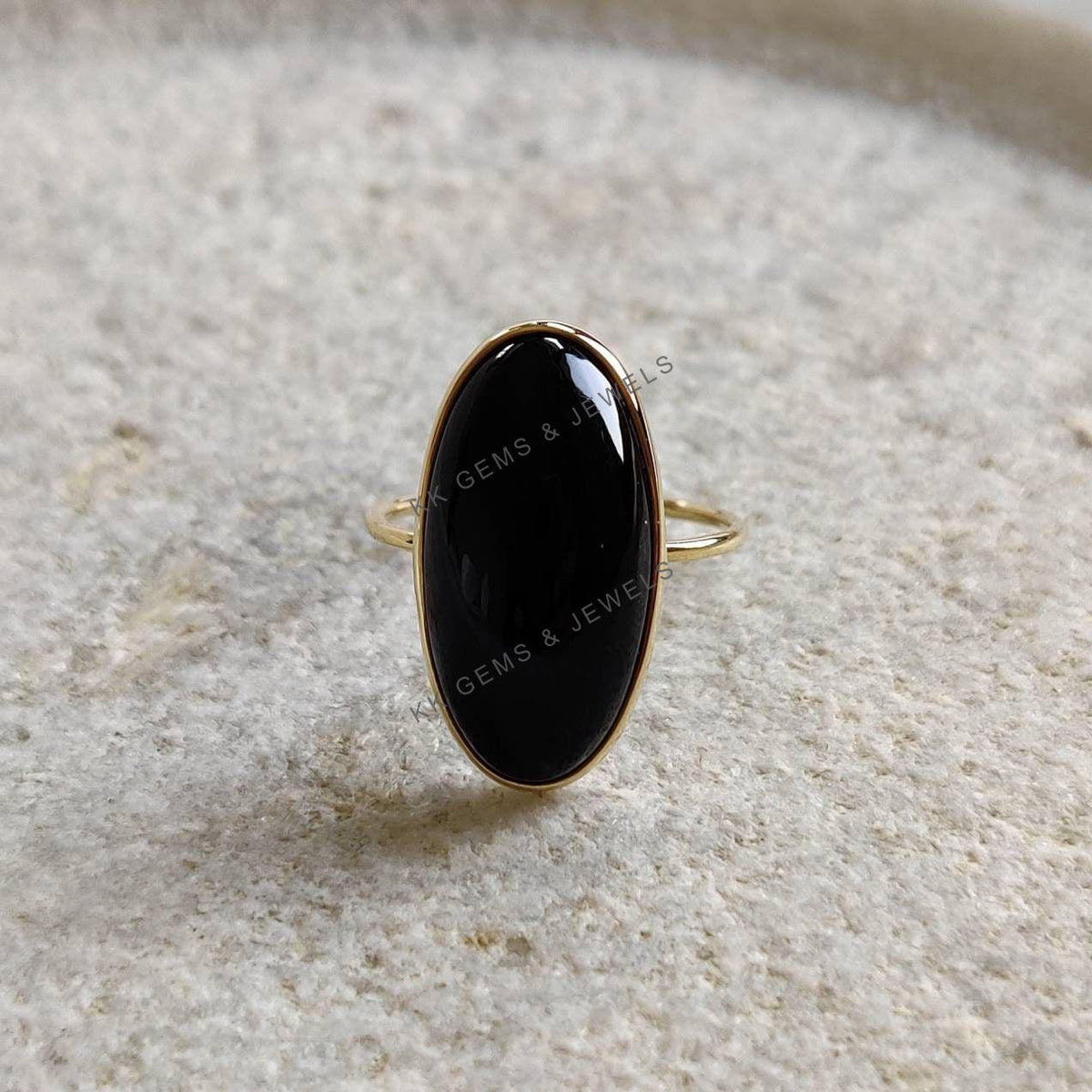 14K Solid Yellow Gold Natural Black Onyx Bezel Ring, December Birthstone