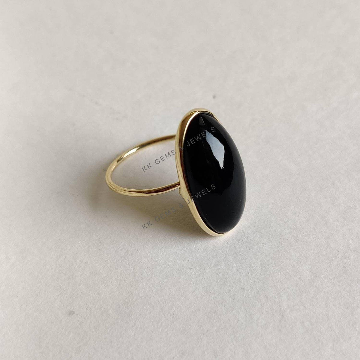 14K Solid Yellow Gold Natural Black Onyx Bezel Ring, December Birthstone