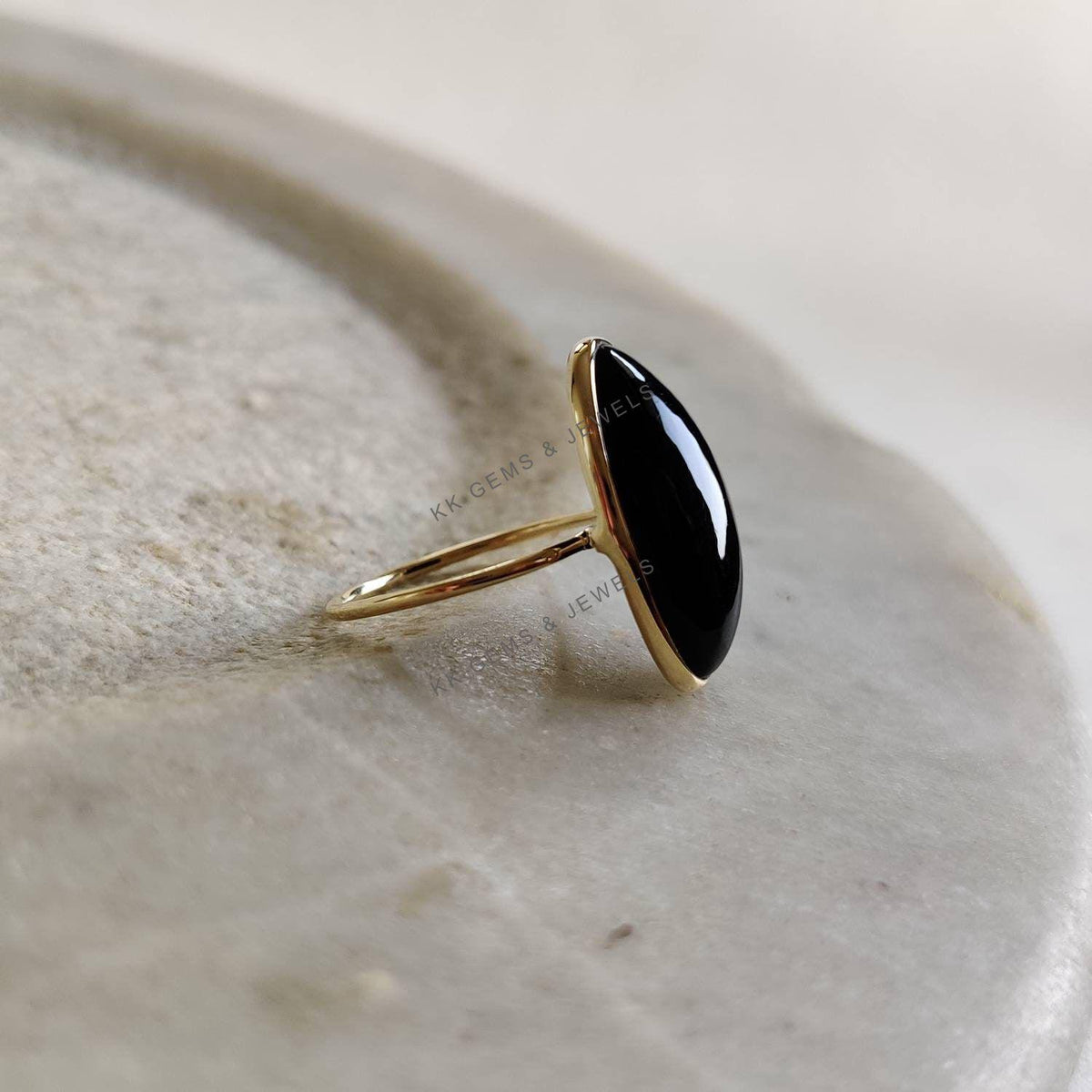 14K Solid Yellow Gold Natural Black Onyx Bezel Ring, December Birthstone
