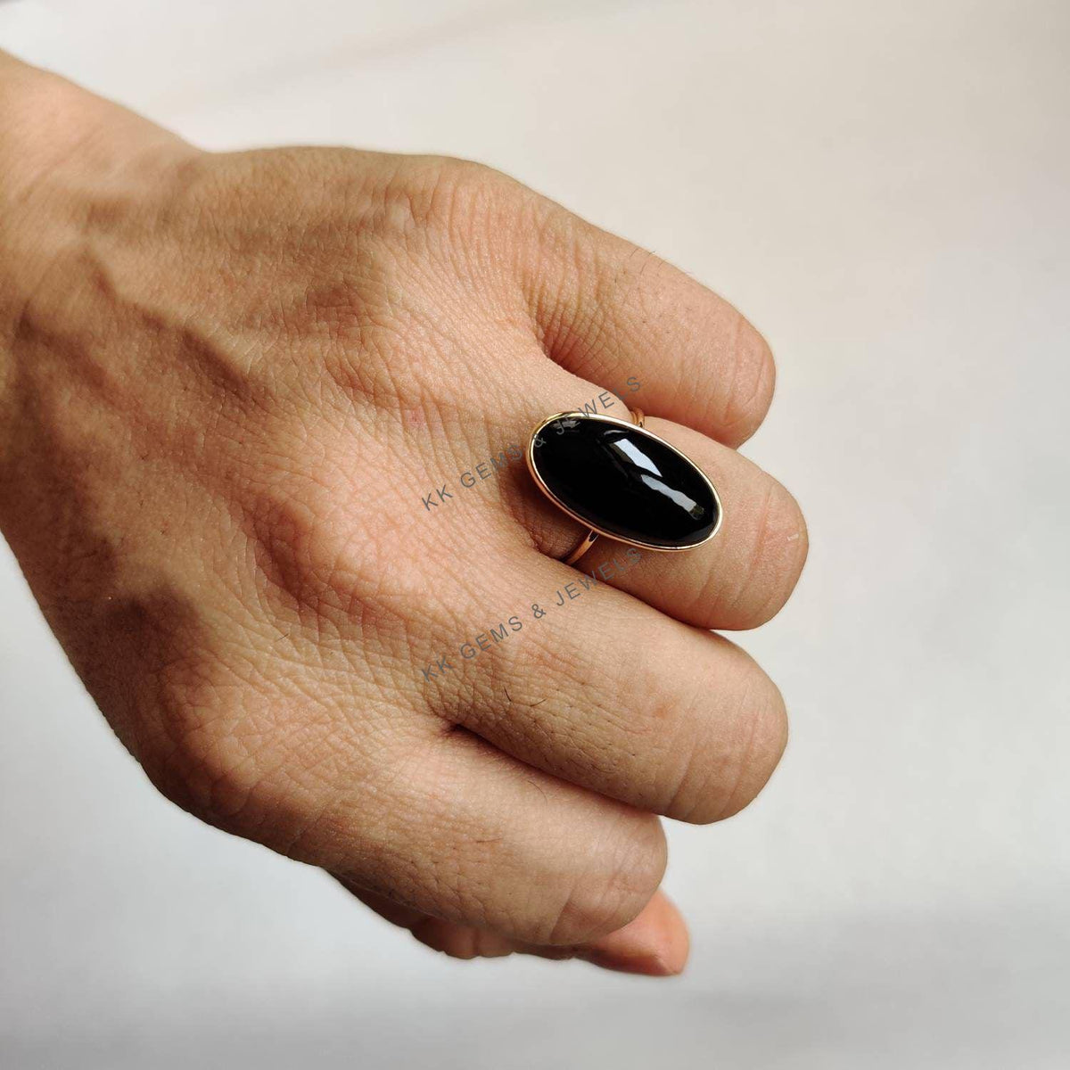 14K Solid Yellow Gold Natural Black Onyx Bezel Ring, December Birthstone