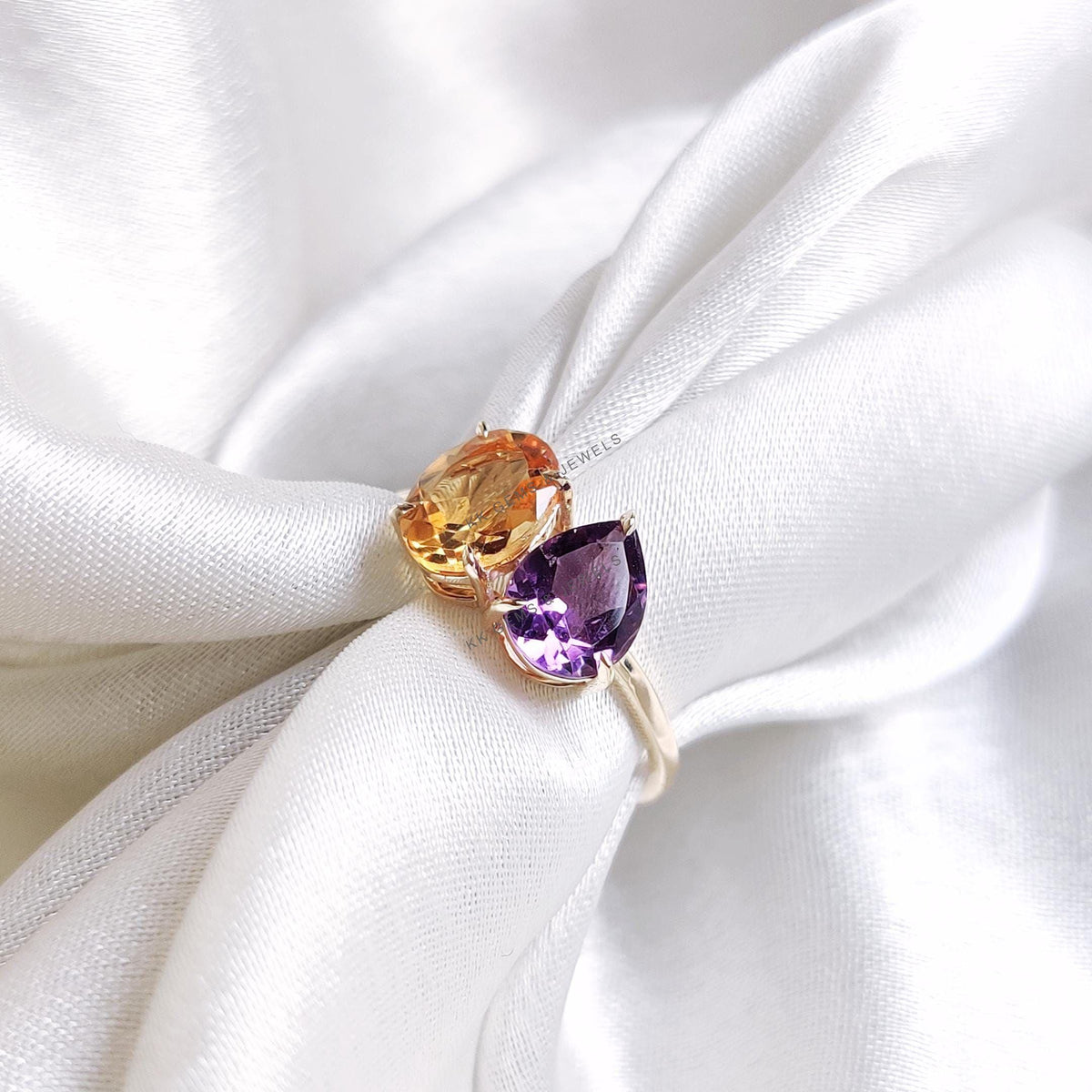 Natural Purple Amethyst & Citrine Ring, 14K Solid Yellow Gold Toi et Moi Ring