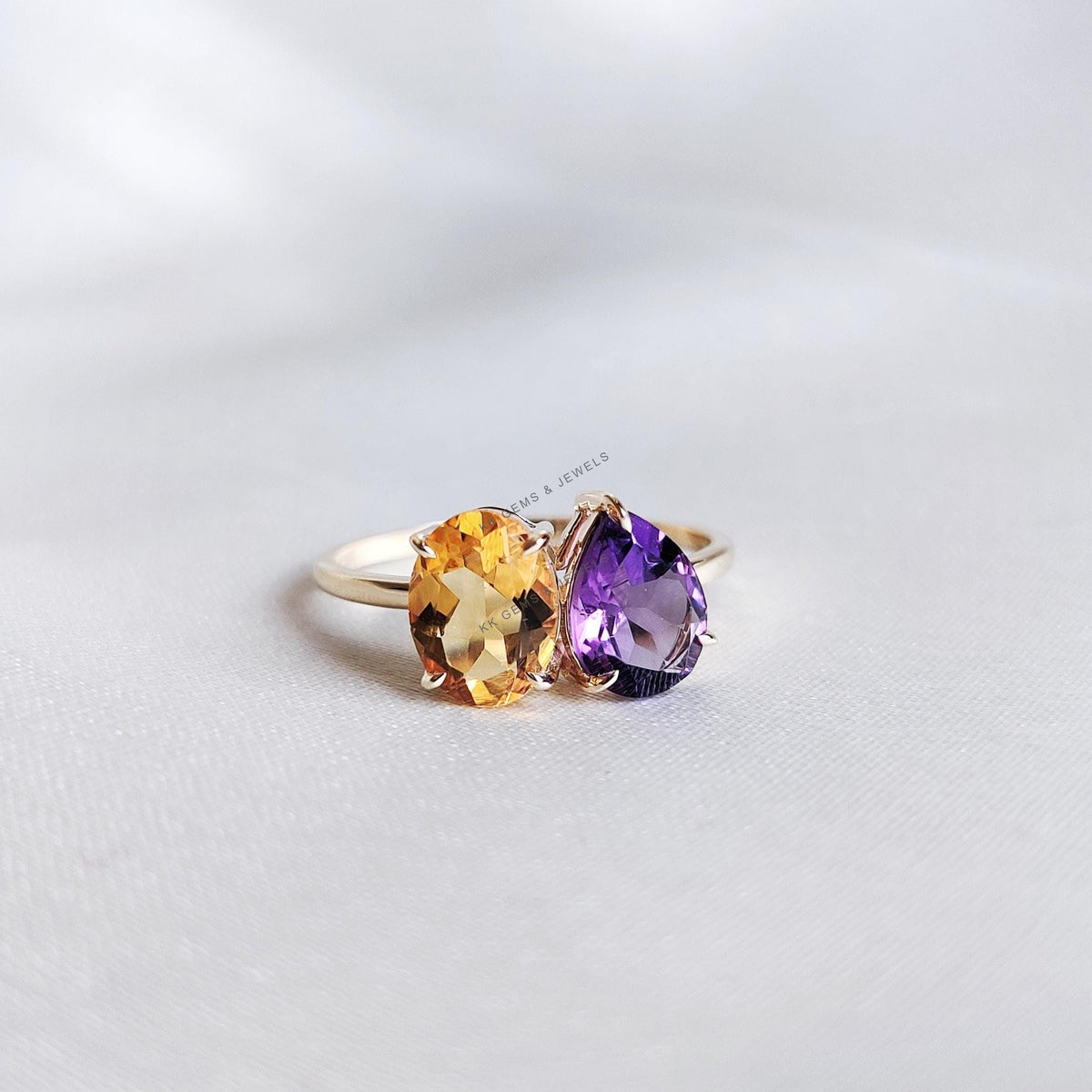Natural Purple Amethyst & Citrine Ring, 14K Solid Yellow Gold Toi et Moi Ring
