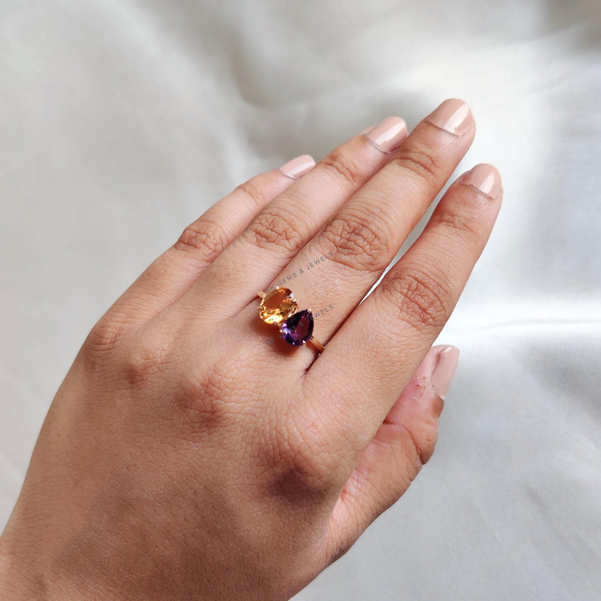 Natural Purple Amethyst & Citrine Ring, 14K Solid Yellow Gold Toi et Moi Ring