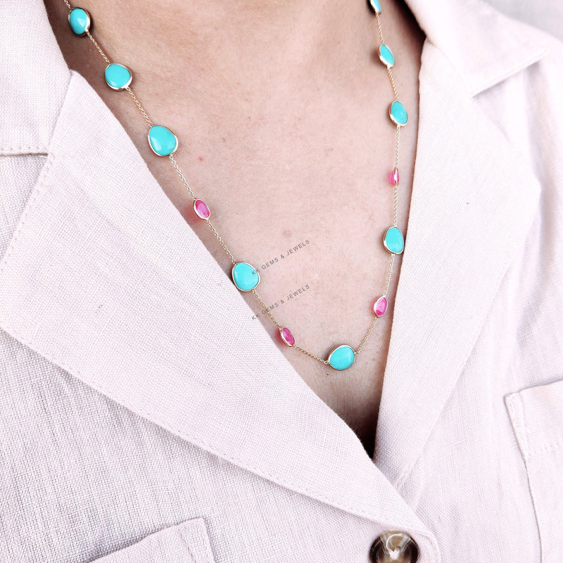 14K Solid Gold Natural Ruby & Turquoise Necklace, Multi Stone Jewelry