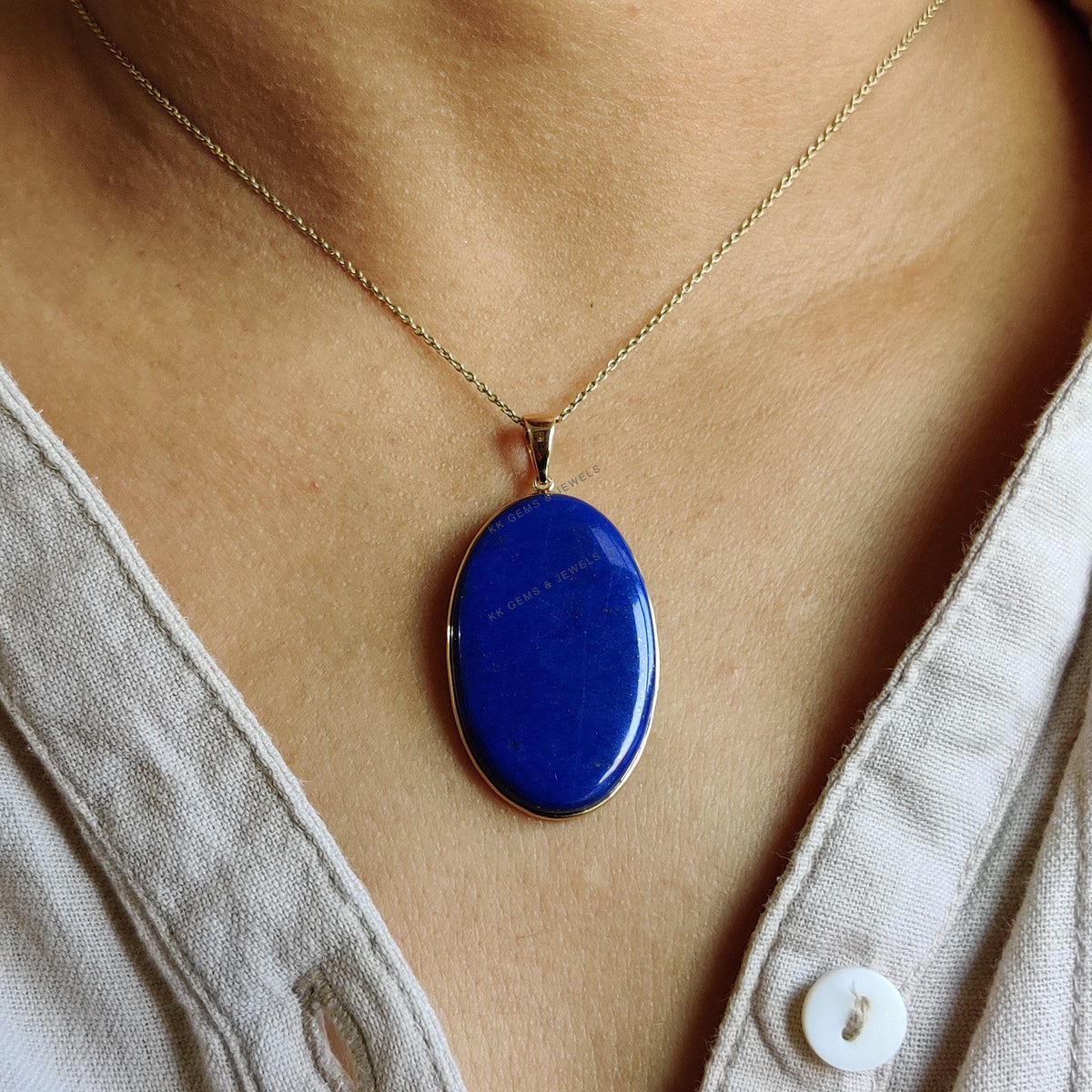 14K Solid Yellow Gold Natural Lapis Lazuli Pendant, September Birthstone