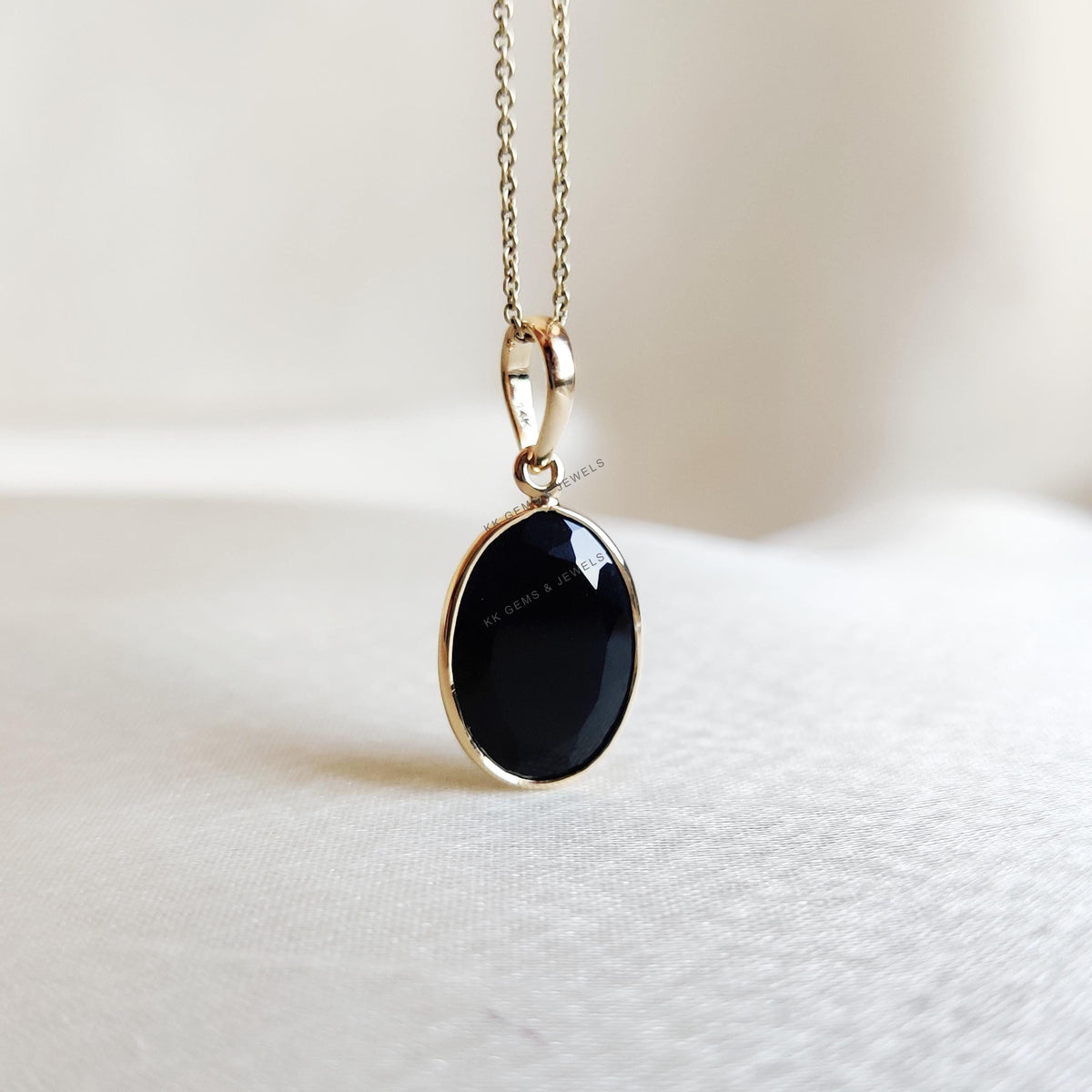 14K Solid Gold Natural Black Onyx Bezel Pendant, December Birthstone