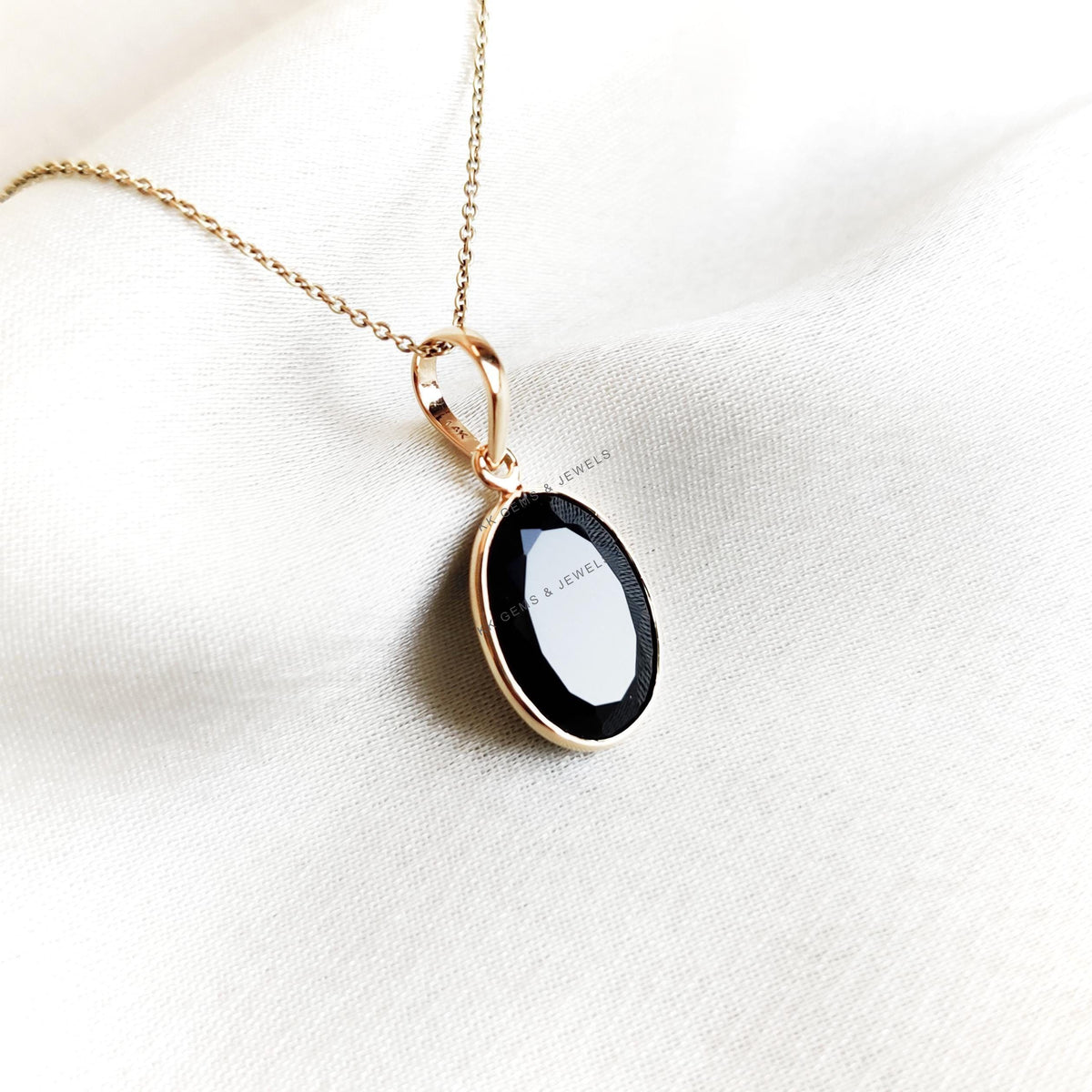 14K Solid Gold Natural Black Onyx Bezel Pendant, December Birthstone