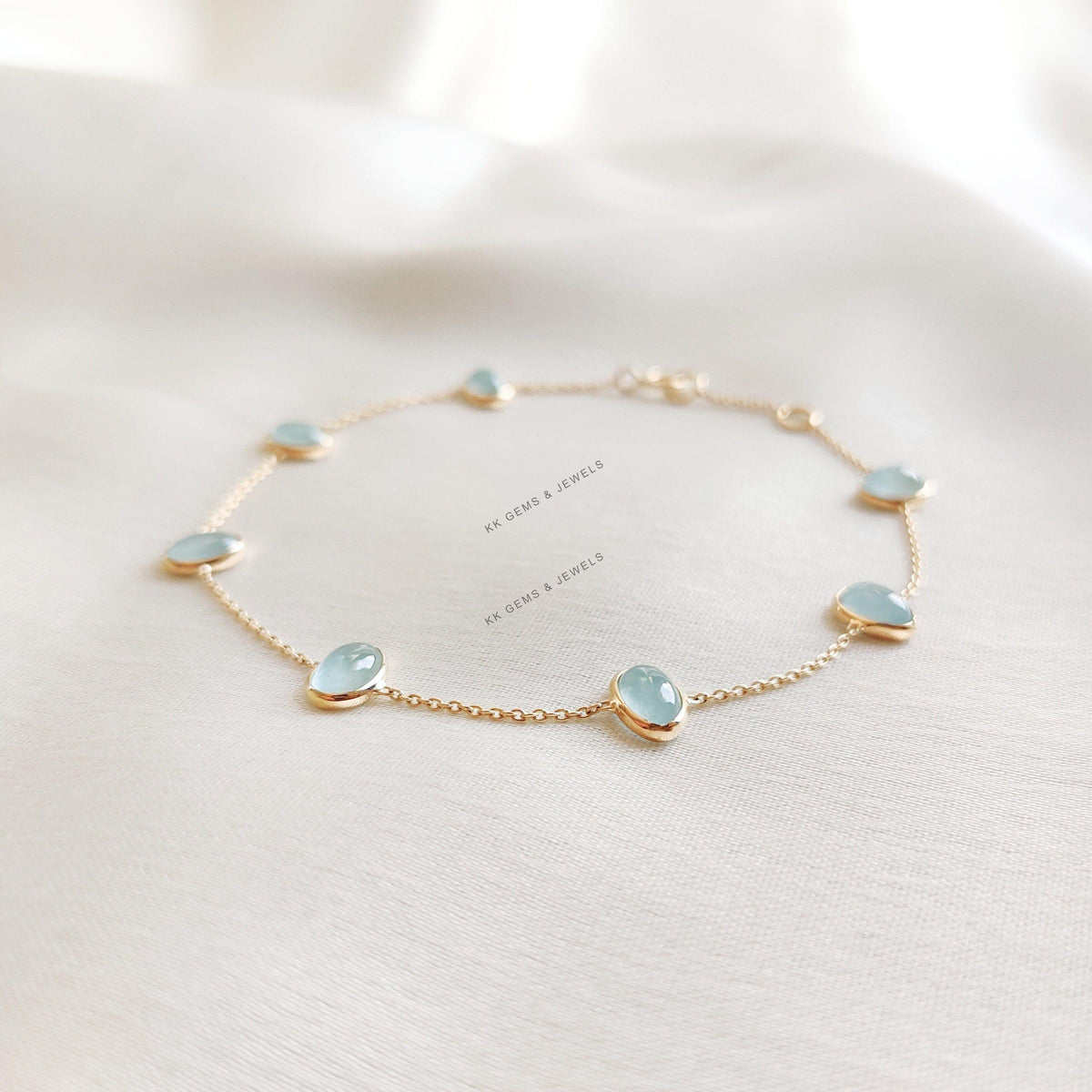 Natural Aquamarine Bracelet, 14K Solid Gold Bracelet, Oval Bezel Set