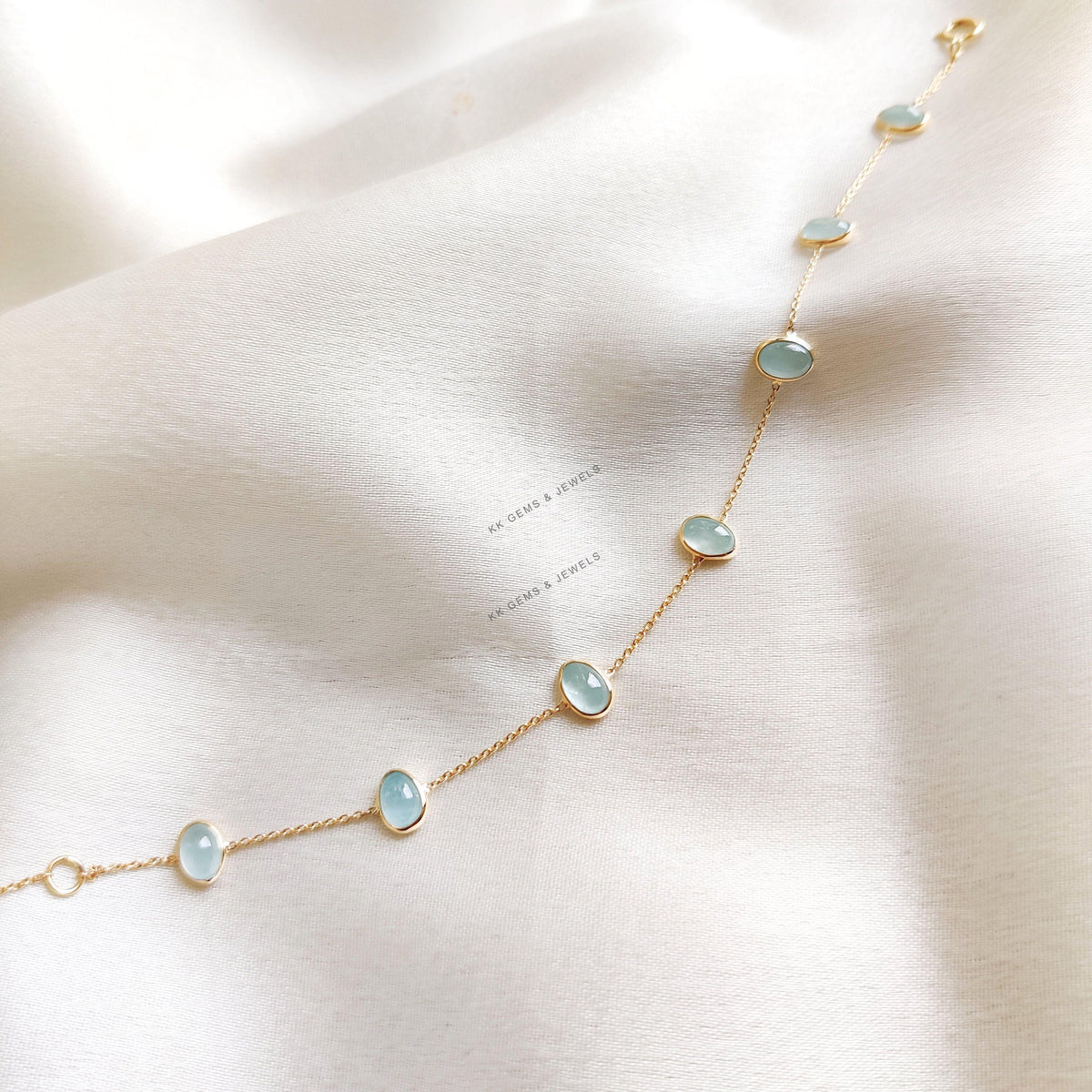 Natural Aquamarine Bracelet, 14K Solid Gold Bracelet, Oval Bezel Set