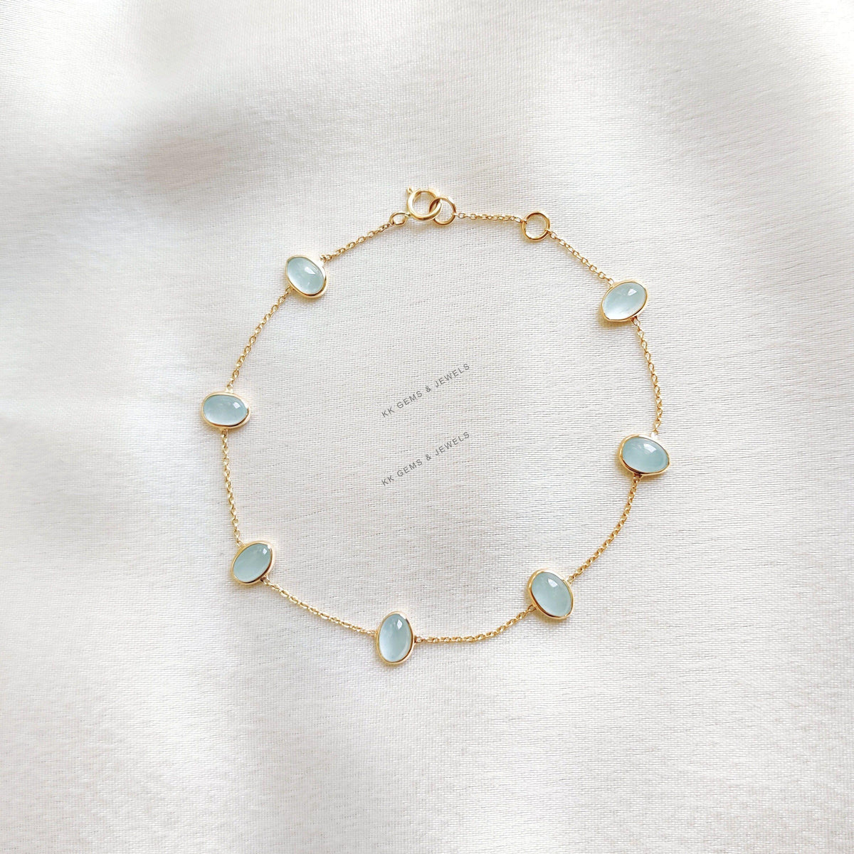 Natural Aquamarine Bracelet, 14K Solid Gold Bracelet, Oval Bezel Set