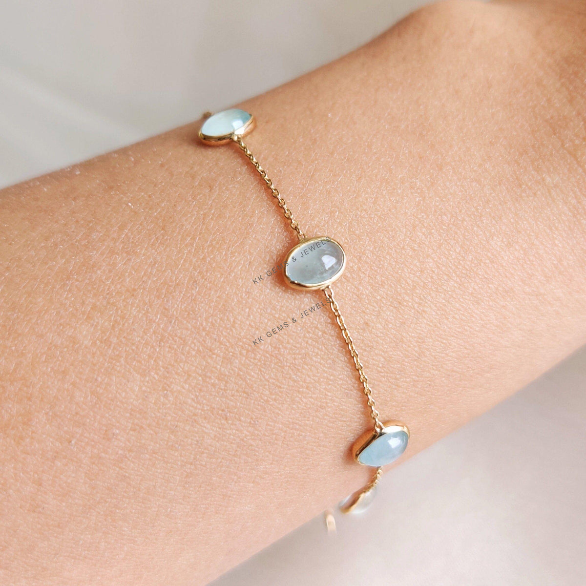 Natural Aquamarine Bracelet, 14K Solid Gold Bracelet, Oval Bezel Set