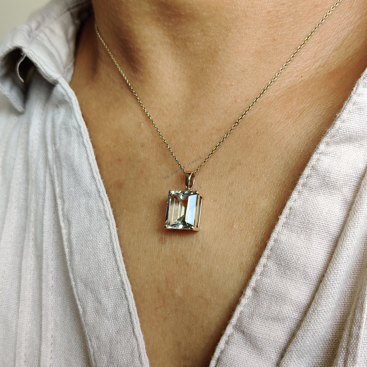 14K Solid Yellow Gold Natural Green Amethyst Octagon Pendant, February Birthstone, Christmas Present