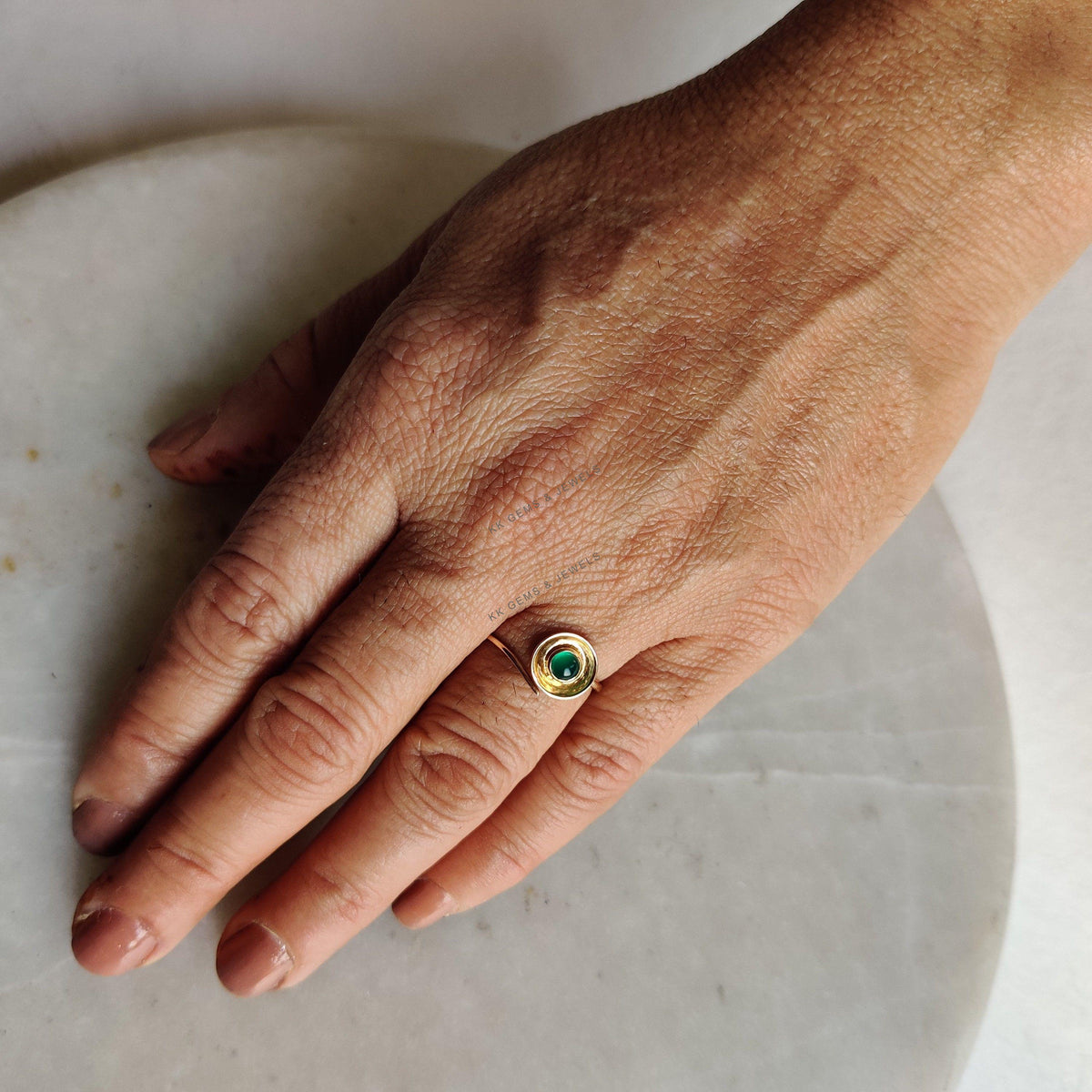 14K Solid Gold Natural Green Onyx Ring, May Birthstone Jewelry