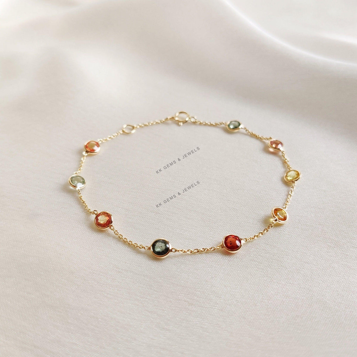 14K Solid Gold Natural Multi Sapphire Bezel Bracelet, September Birthstone