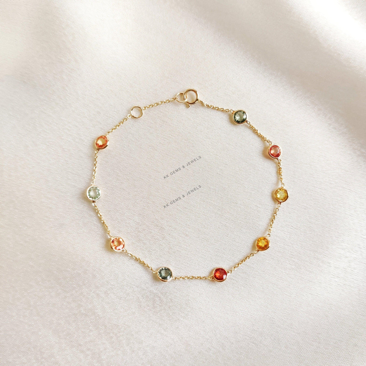 14K Solid Gold Natural Multi Sapphire Bezel Bracelet, September Birthstone