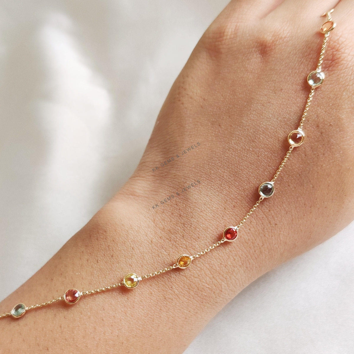 14K Solid Gold Natural Multi Sapphire Bezel Bracelet, September Birthstone
