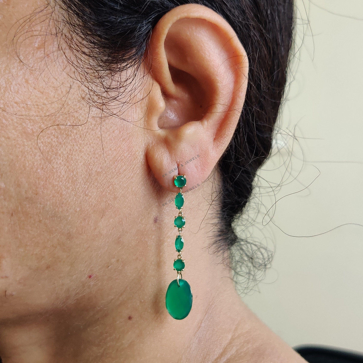 14K Solid Yellow Gold Natural Green Onyx Danglers, May Birthstone Earring