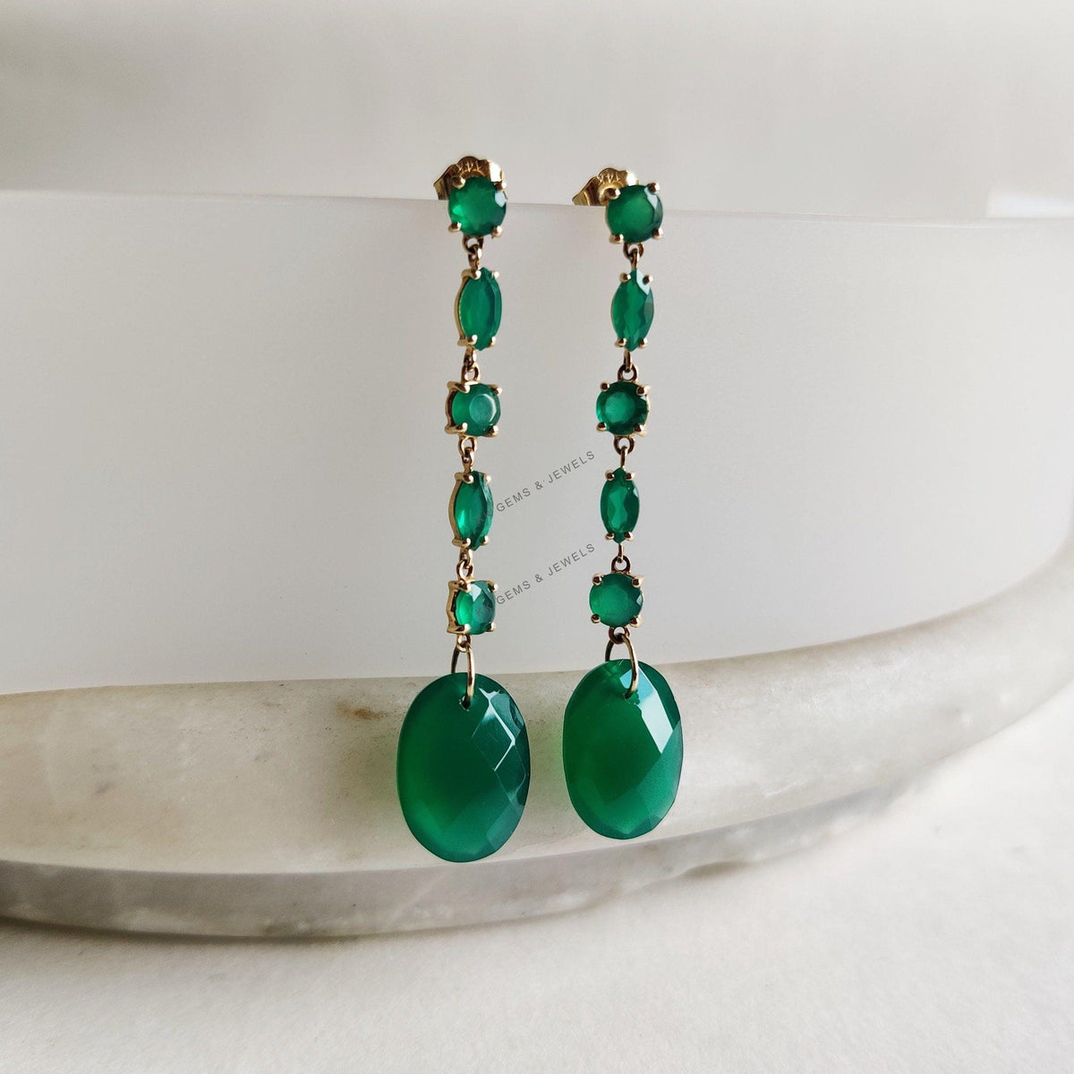 14K Solid Yellow Gold Natural Green Onyx Danglers, May Birthstone Earring